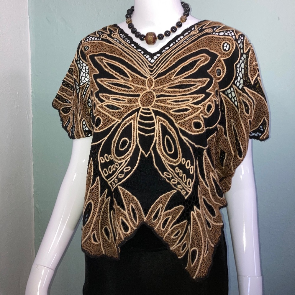 Vintage Embroider Butterfly Top S and Bead Choker